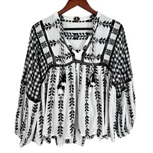 Dodo Bar or Miquel Womens Sz Large Black White Embroidered Blouse Shirt Top